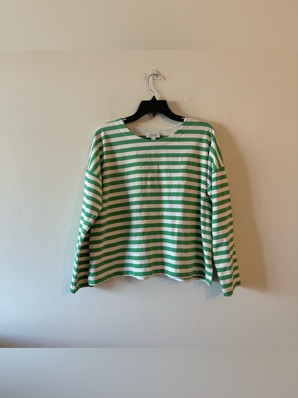 COS Boxy Fit Long Sleeve Tee T Shirt Green Striped S Minimalist